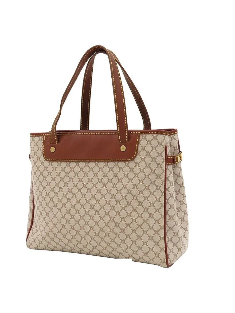 Celine Tote Beige Canvas Leather Macadam Pattern Handbag